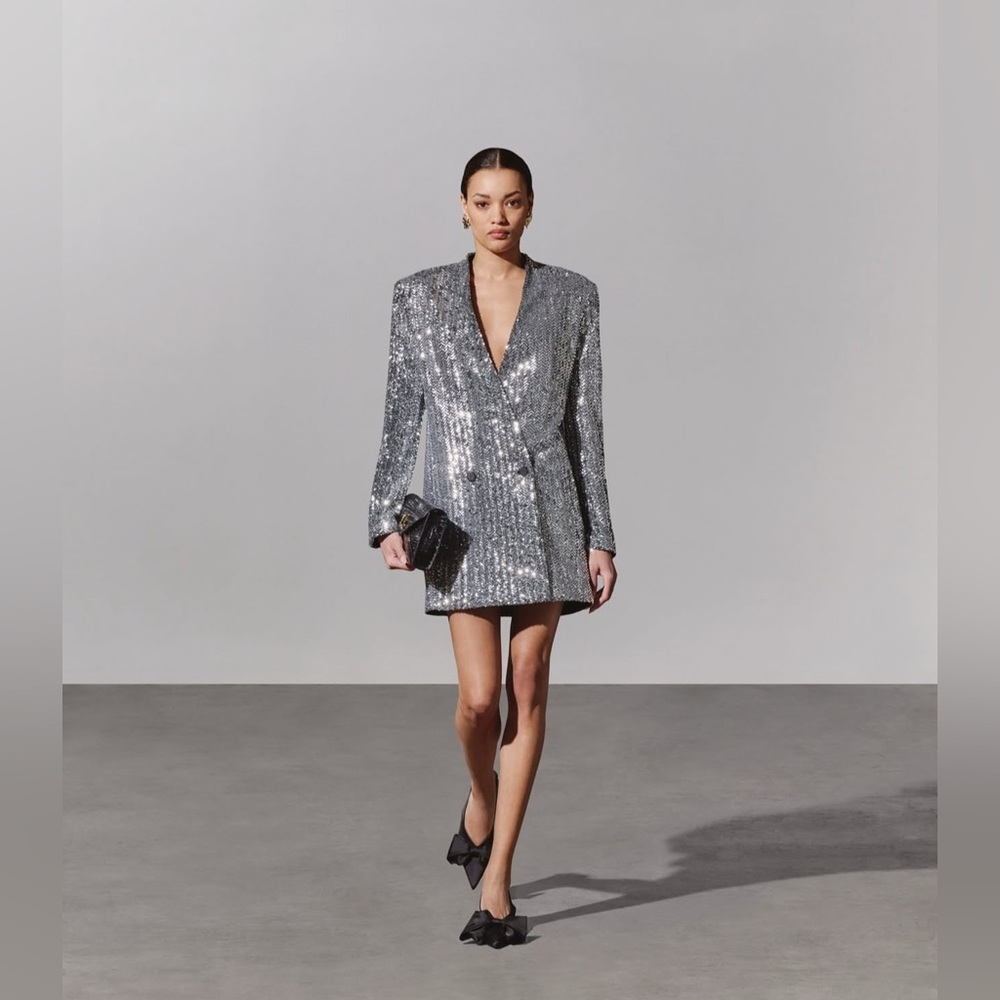 Anine Bing Veneda Mini Dress in Silver Sequin  with Structured Shoulders